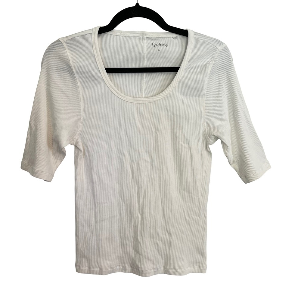 Quince Womens Organic Cotton Micro-Rib Elbow Sleeve Tee White Scoop Neck M AVP01